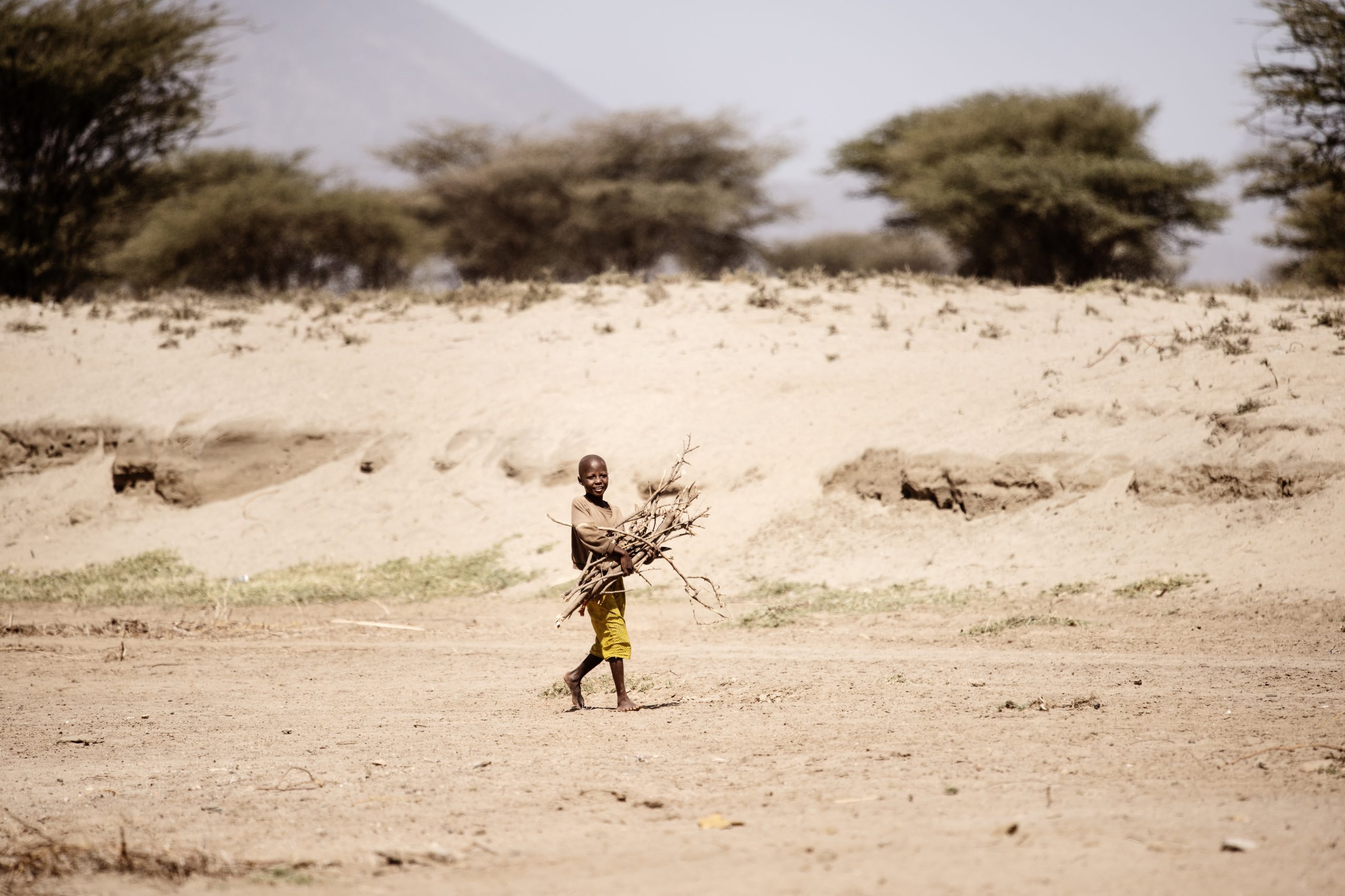 Dreng bærer grene i sand