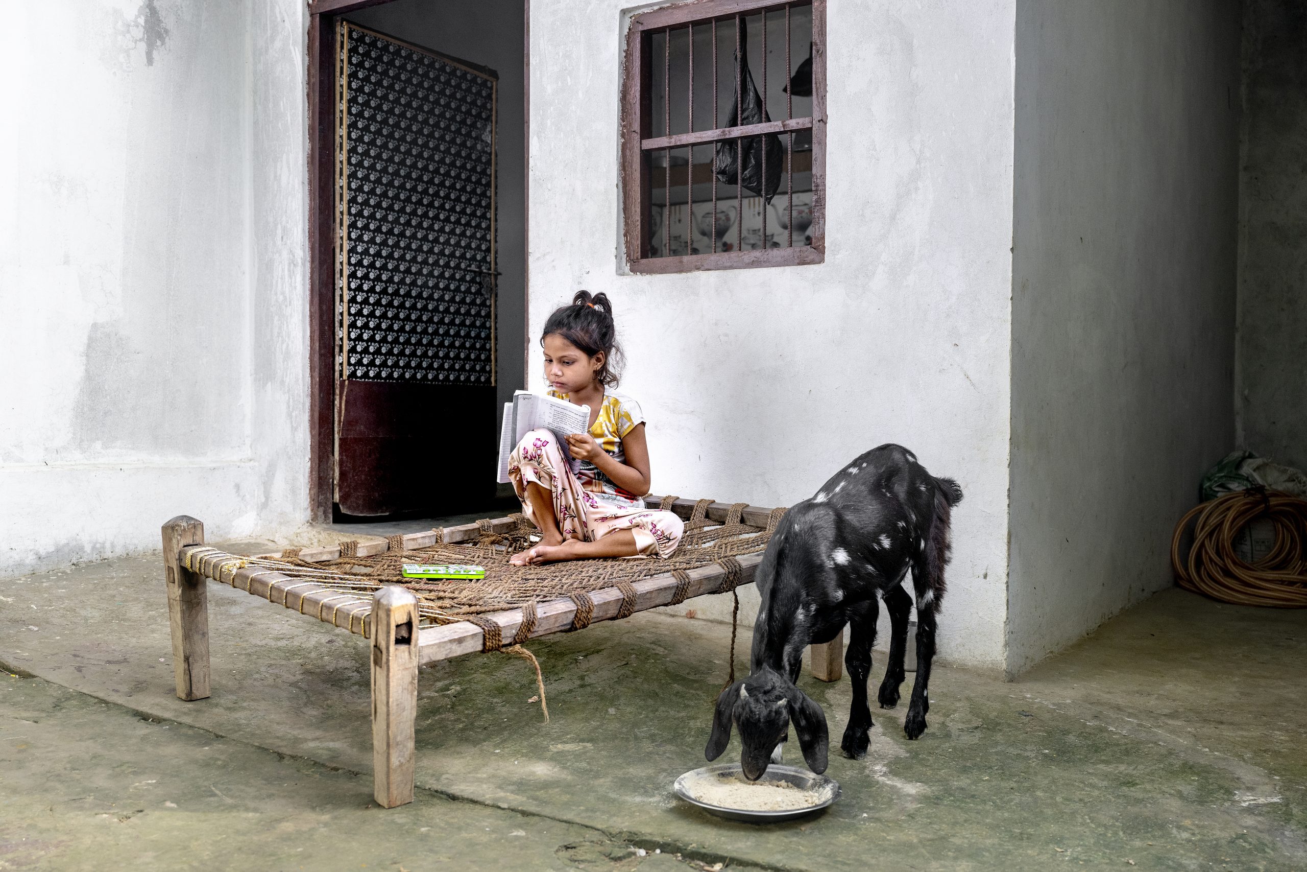 En ged st&aring;r ved siden af en lille pige, der sidder p&aring; en seng og l&aelig;ser