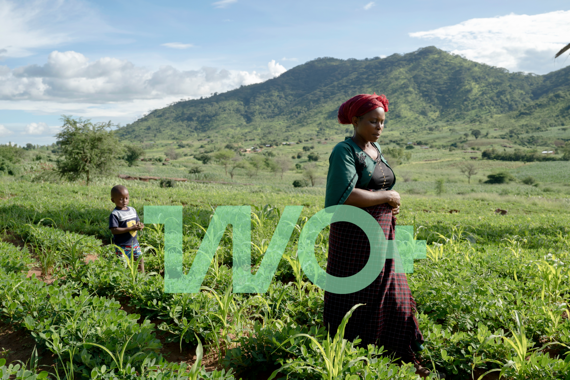 Ellah Gondwe, 43, sammen med sin 3-årige søn, Frackson i landsbyen Musiwira i det nordlige Malawi. Mor og søn går gennem en af deres marker, hvor de bl.a. dyrker jordnødder.